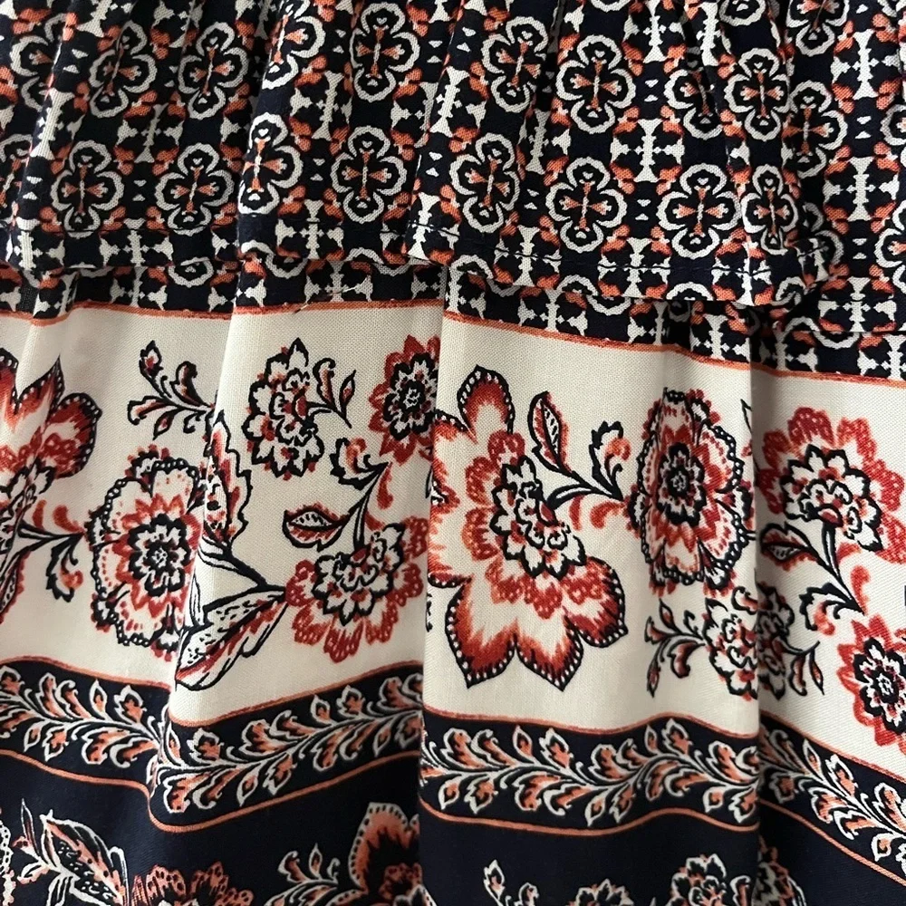 Blue Rain Navy Blue, Orange, Cream Short Skirt with Tassel Tie Pull On Small